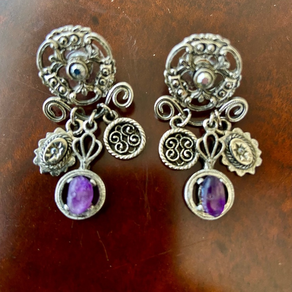 Boho Silver Tone Metal Piercing Earrings with Silver & Purple Amethyst Dangle